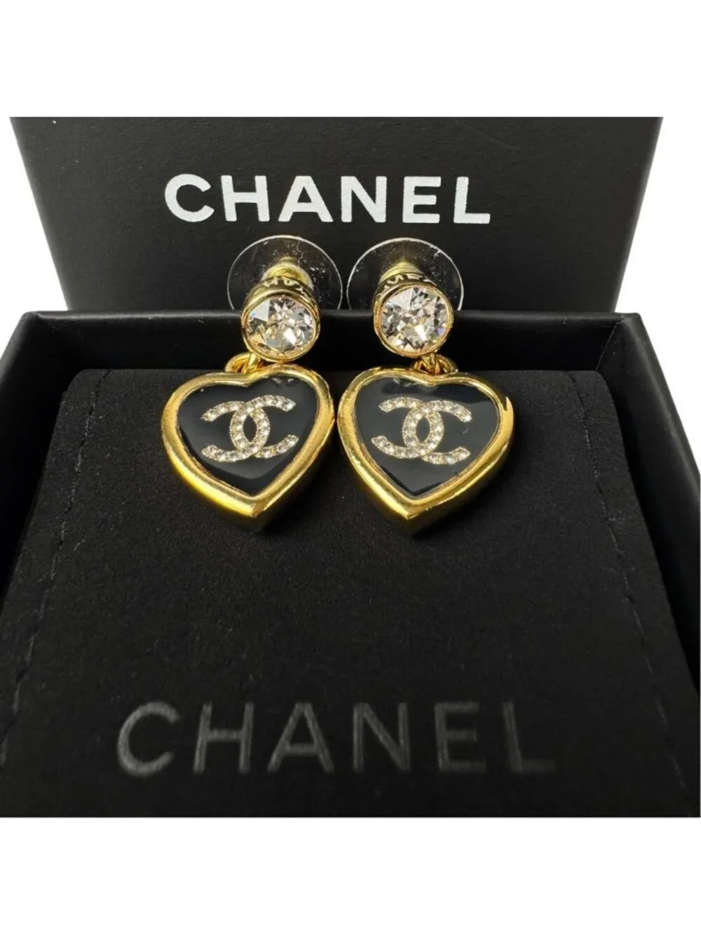 Chanel Earrings CC Logo Heart Black Gold
